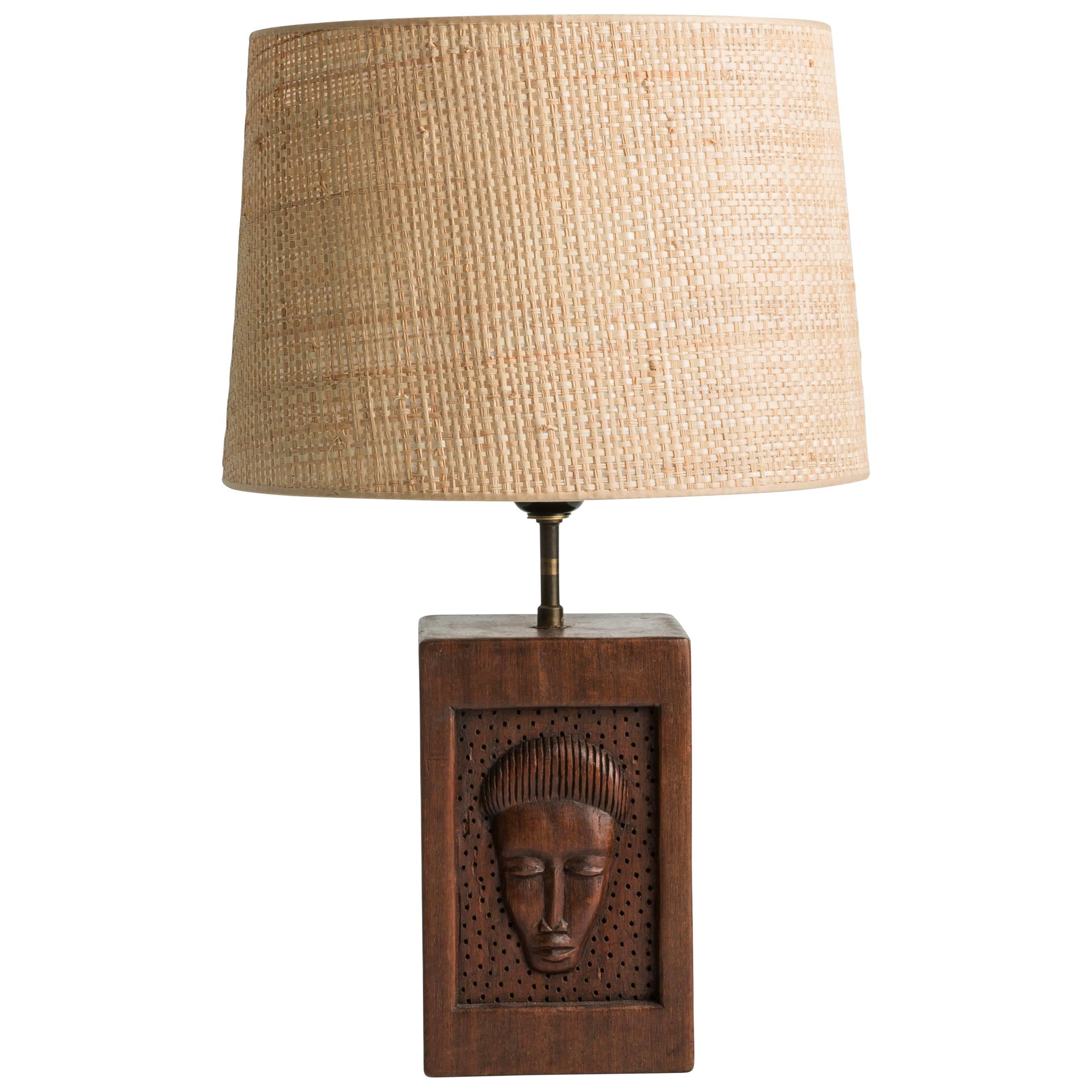 Primitive Hand-Carved Wood Table Lamp