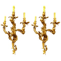 Pair of Louis XVI Style Bronze Three Light Gilt Bronze Sconces