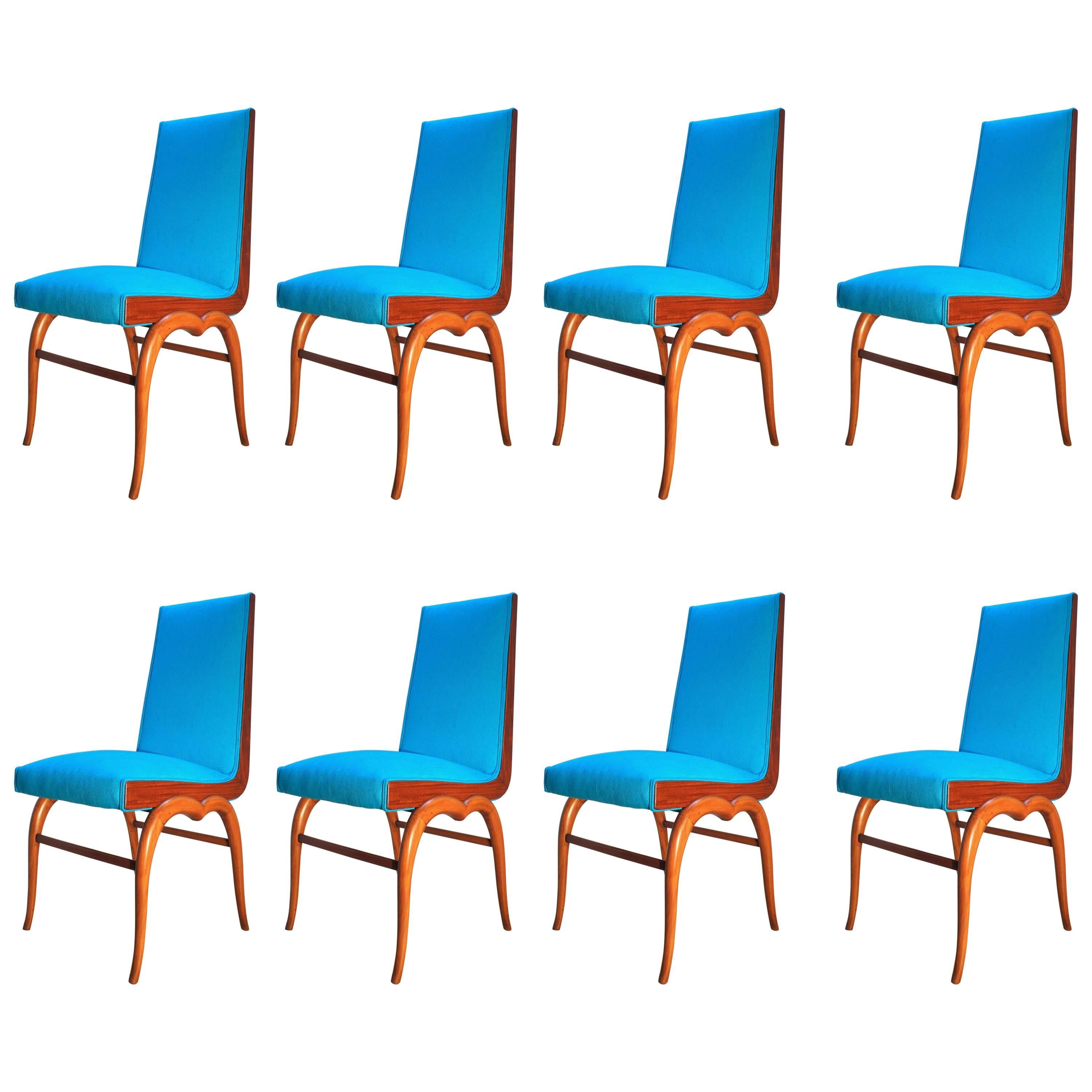 Giuseppe Scapinelli. Mid-Century Modern Set of Eight Blue Chairs For Sale 2