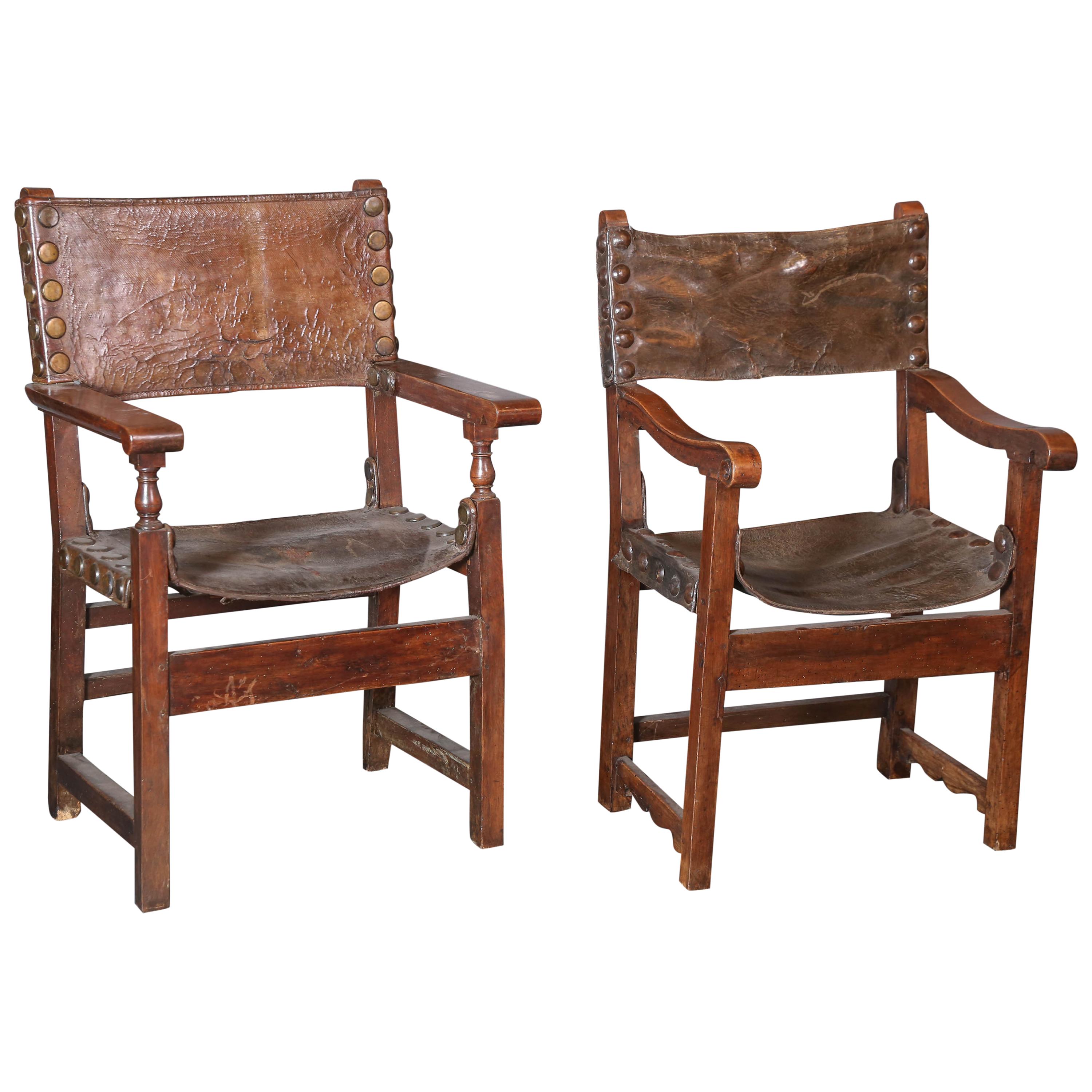 Two 17th Century Spanish Oak and Leather Renaissance Armchairs For Sale