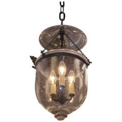 Antique English Hand Blown Glass and Bronze Bell Jar Hall Lantern, Circa 1800