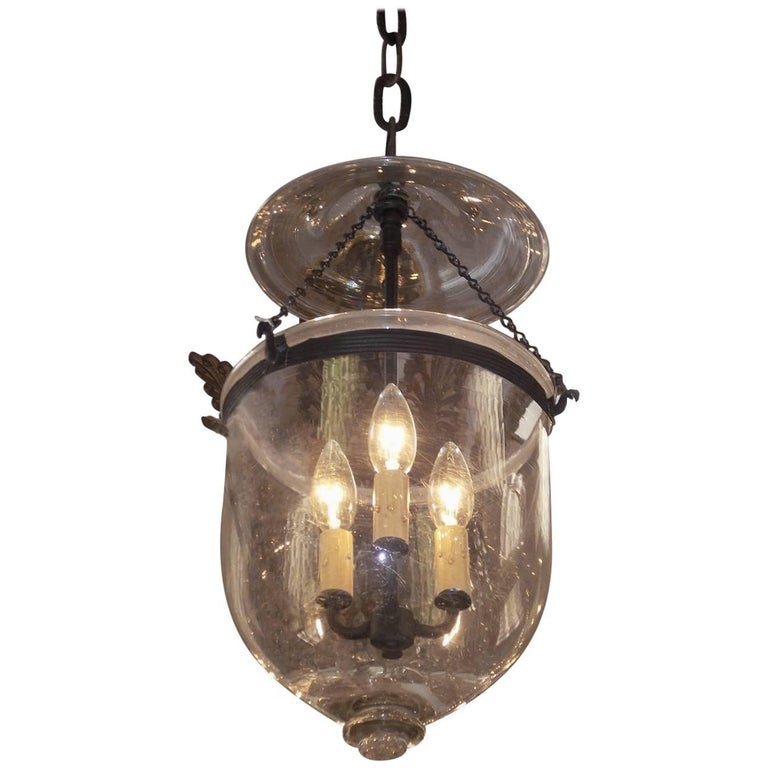 English Hand Blown Glass and Bronze Bell Jar Hall Lantern, Circa 1800 For Sale