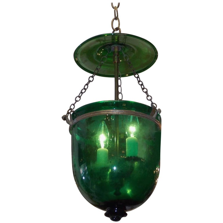 English Emerald Green Glass and Bronze Bell Jar Hall Lantern, Circa