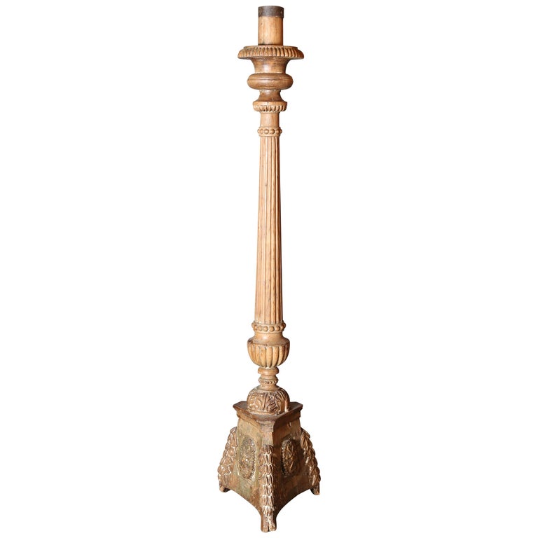 Pair of Antique Wood Carved Altar Candlesticks For Sale at 1stdibs