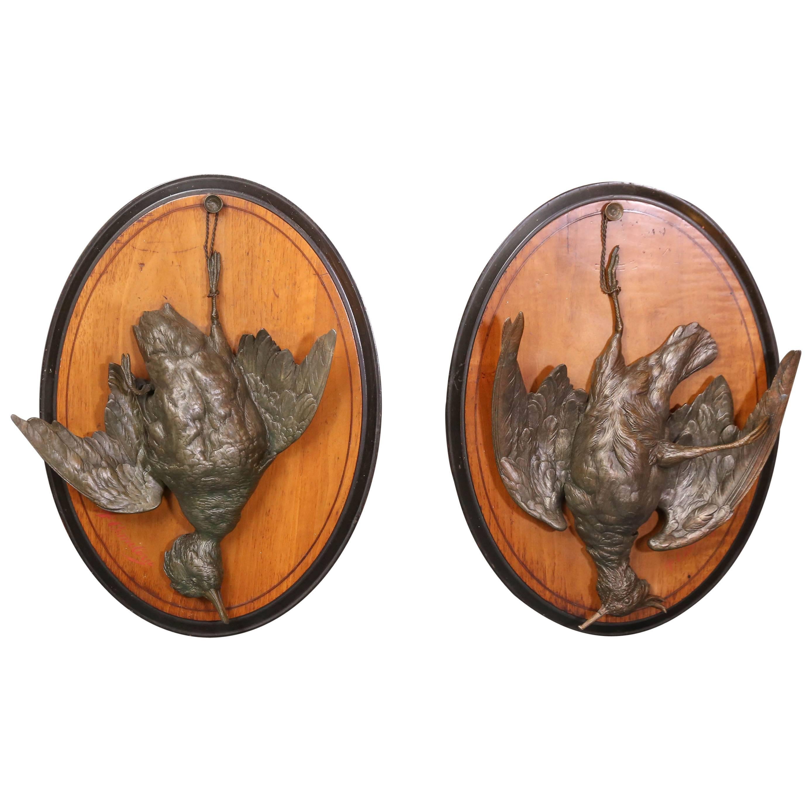 Pair of Black Forest Oval Plaques with Cast Iron Game Birds For Sale