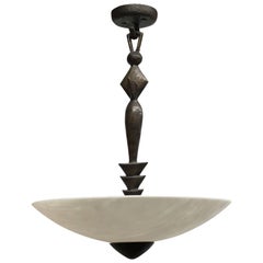Giacometti Style Bronze Chandelier with Large White Dome Shade