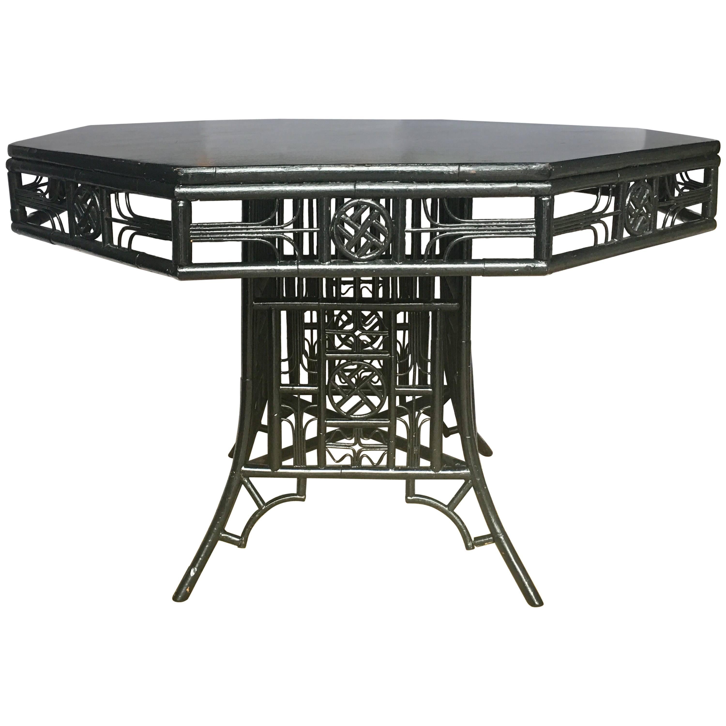 Chinoiserie Chippendale Style Lacquered Bamboo Octagon Dining Table  