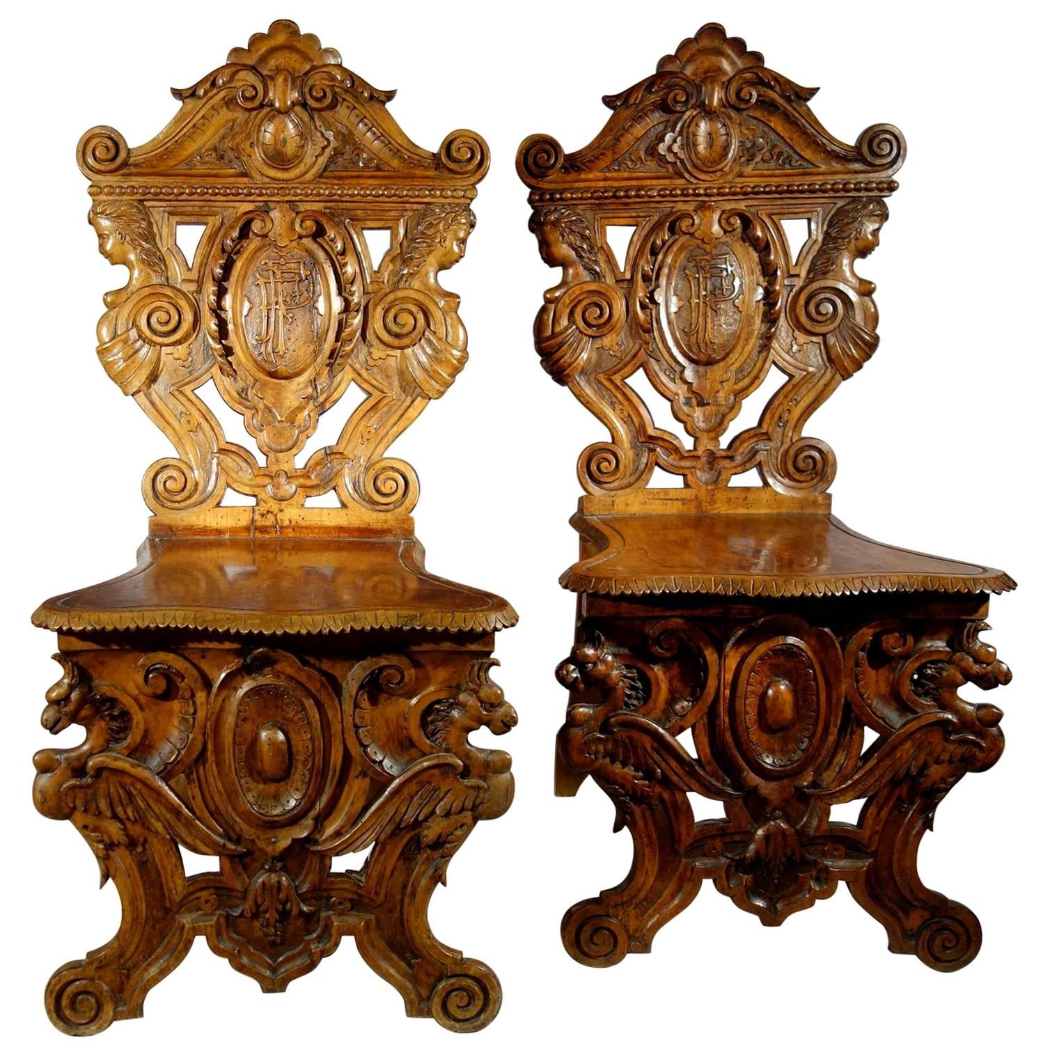 19th Century Antique Italian Hand Carved Pair Sgabelli Chairs Valentino Besarel