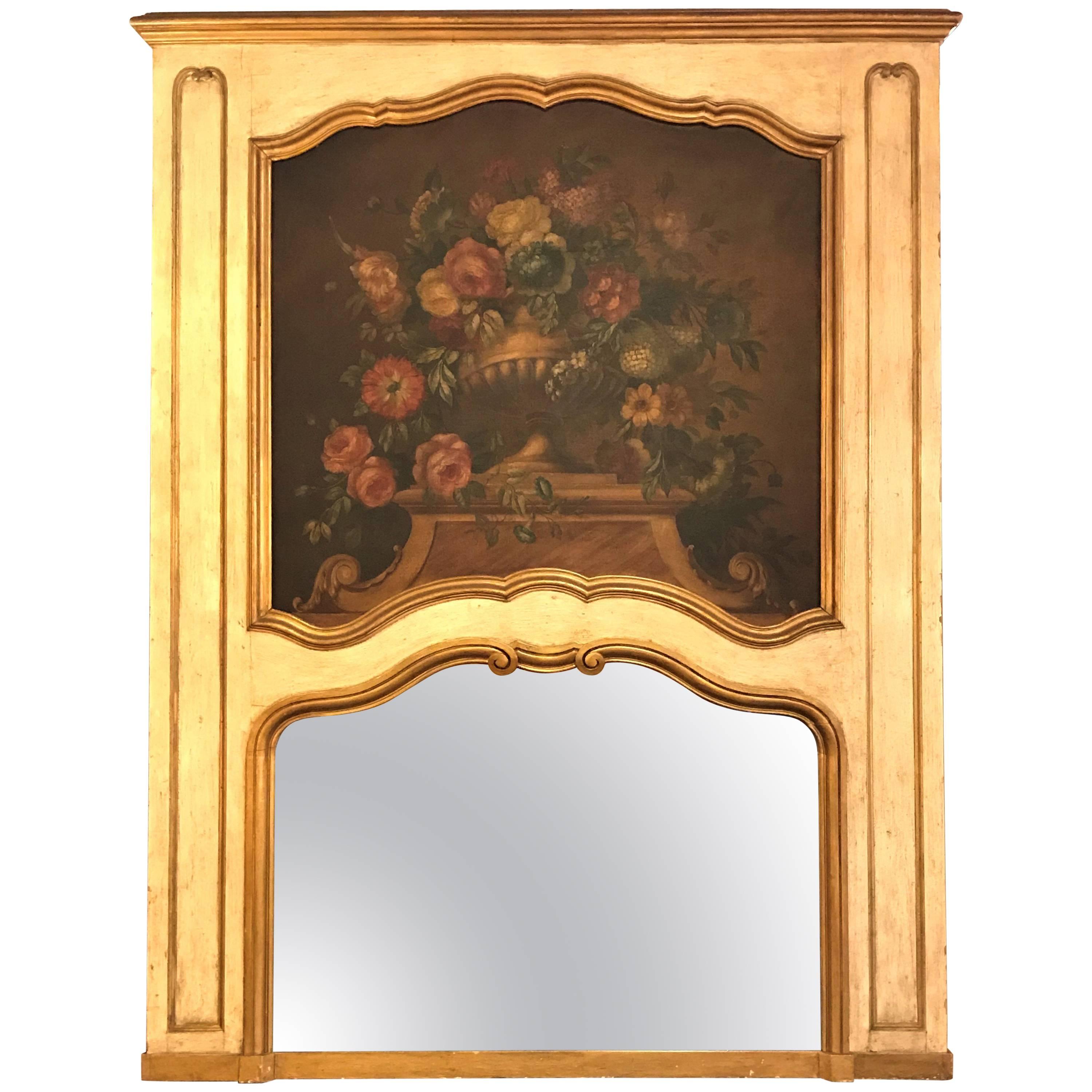 French Antique Painted and Parcel-Gilt Trumeau or over the Mantel Wall Mirror 
