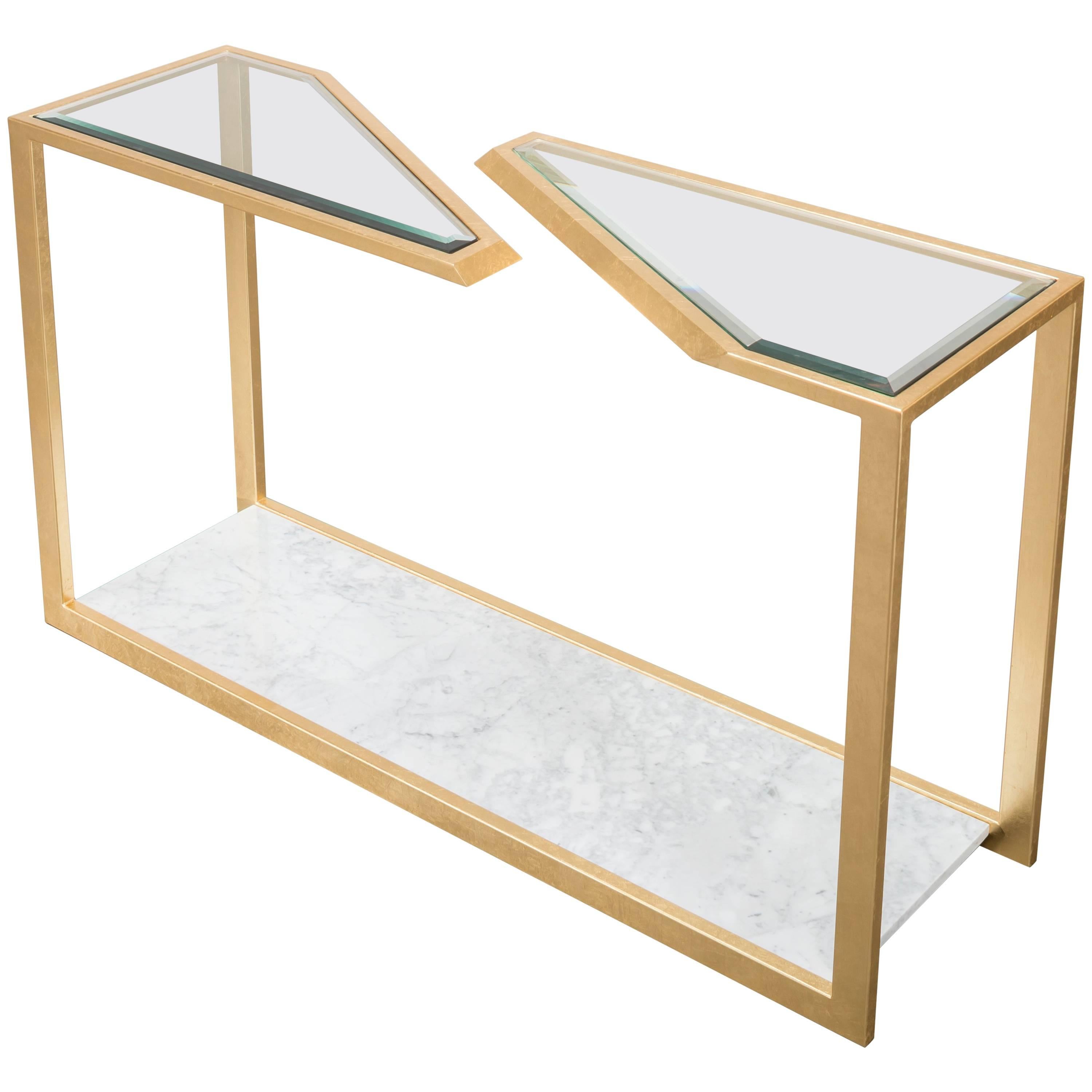 PIERRE CONSOLE TABLE – modernes Blattgold über Eisen mit abgeschrägtem Glas