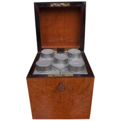 Antique Chinese Burl Walnut Tea Caddy with Decorative Floral Pewter Bins, Circa 1810