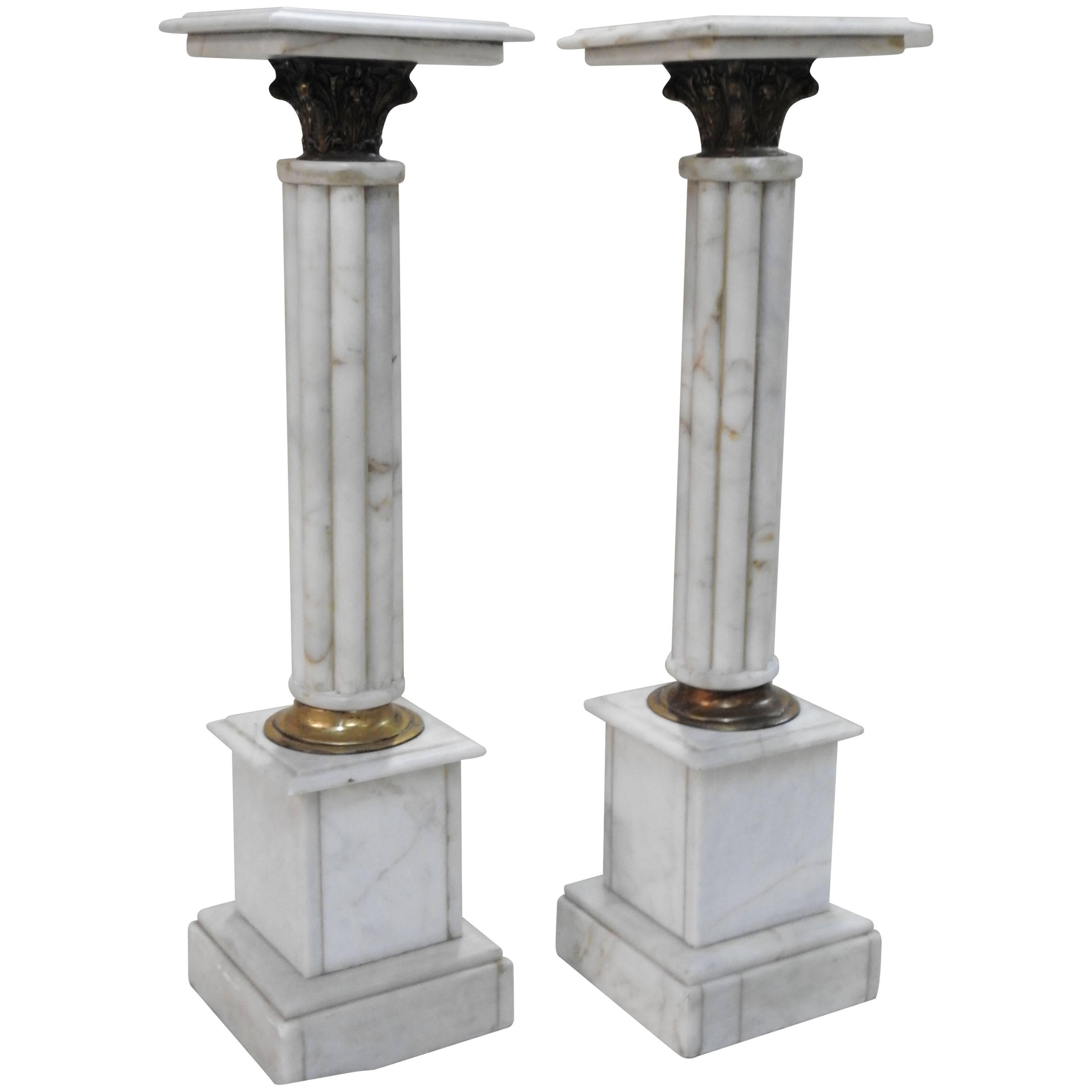 Early 20th Century Pair of Marble Pedestals with Bronze Details