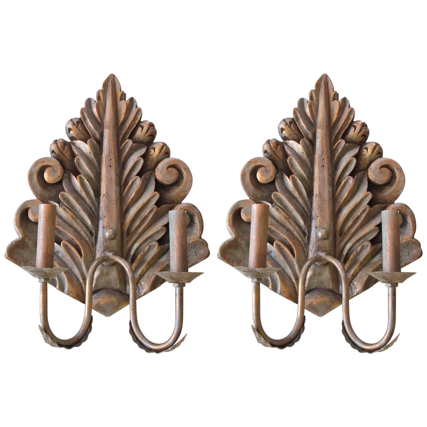 ON SALE! Pair of Hand-Carved Wood Sconces