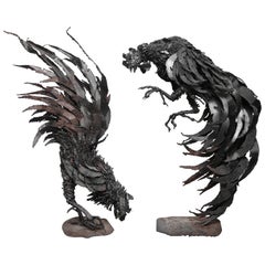 Lifesize Pair Of Brutalist Fighting Cocks