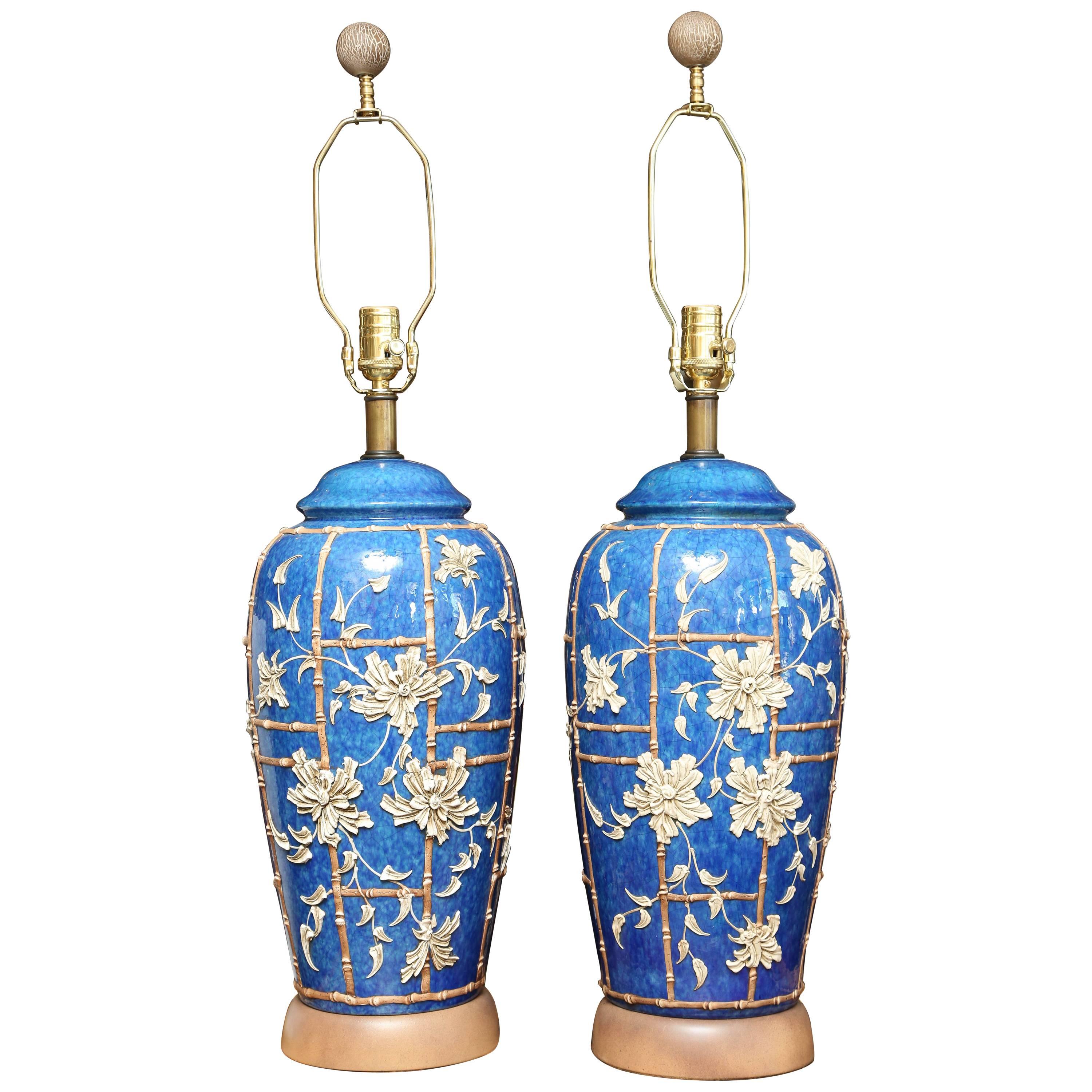 Superb Pair of Chinese Lamps with "Bamboo" Accents