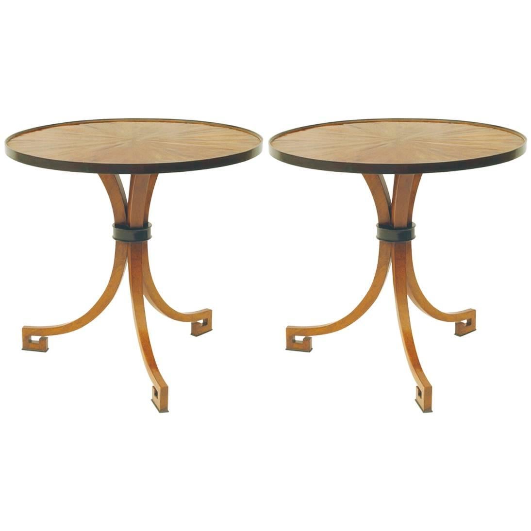 New Pair of Side Tables Circle Walnut Ebonized three Leg Brown Nightstands For Sale