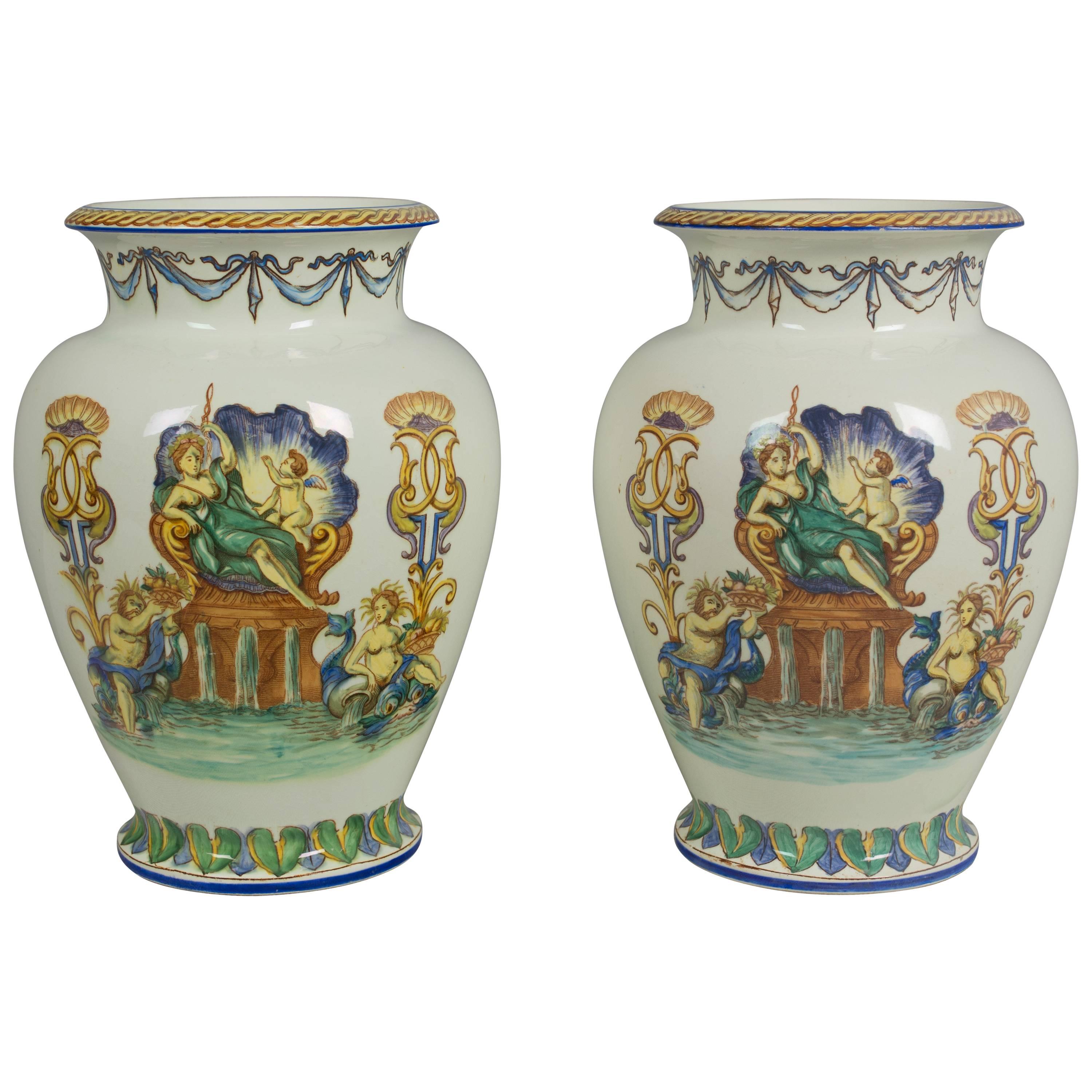 Paar französische Fayence-Vasen von Jules Vieillard