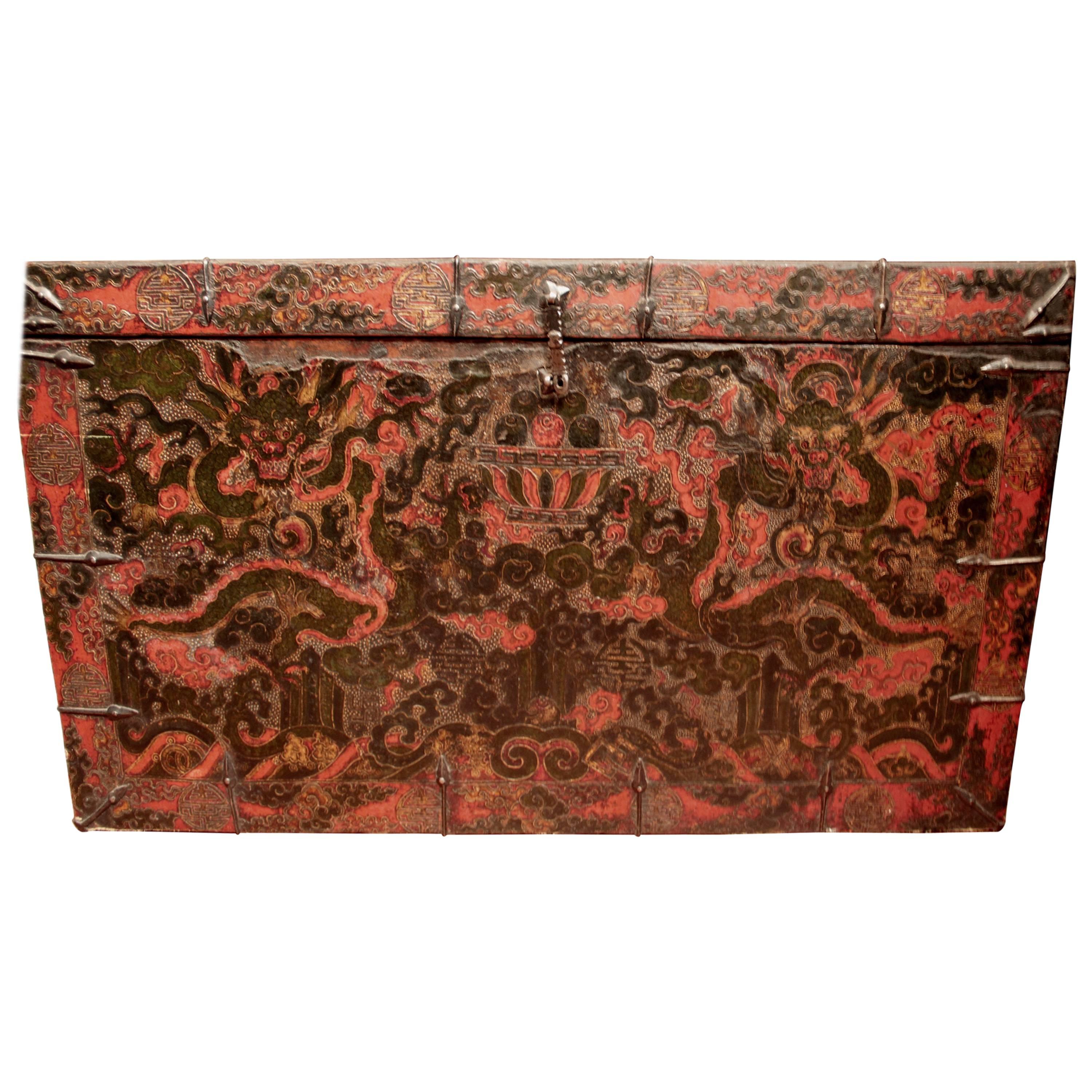 Tibetan Lasa Monastery Gam Wood Trunk 19th Century Dragon Red Black Casegood For Sale