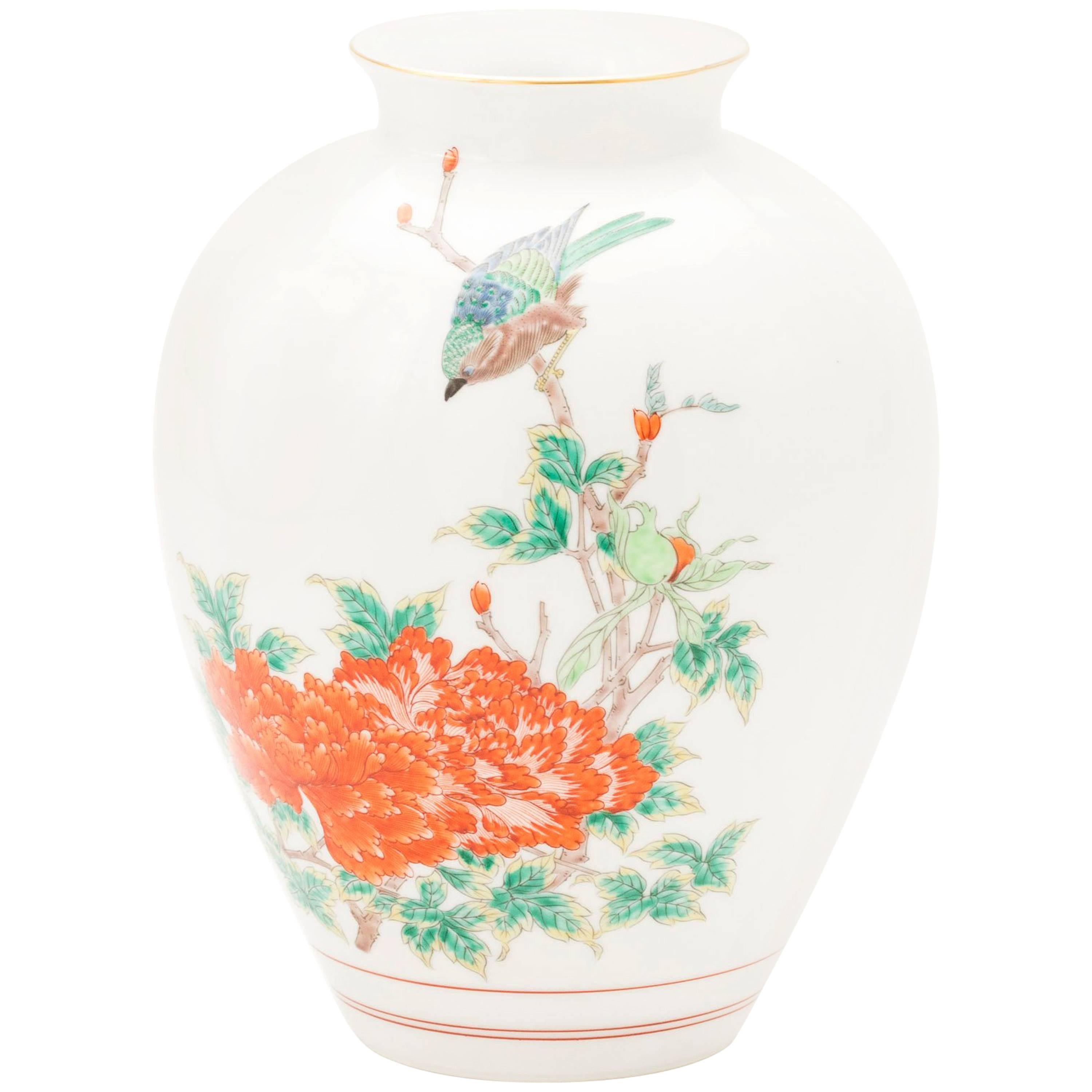 Vintage Japanese Hand Painted Arita Porcelain Vase with Peonies