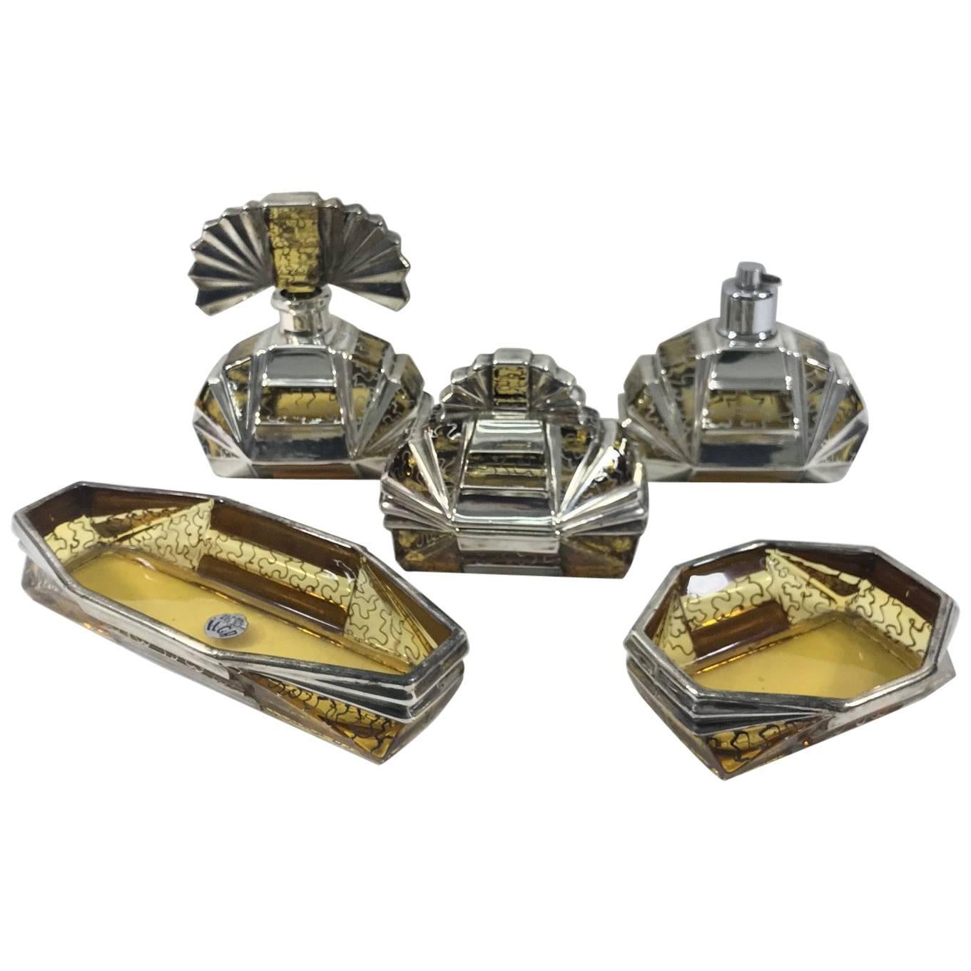 Italian Art Deco Glass and Sterling Toilet Set by Ilga