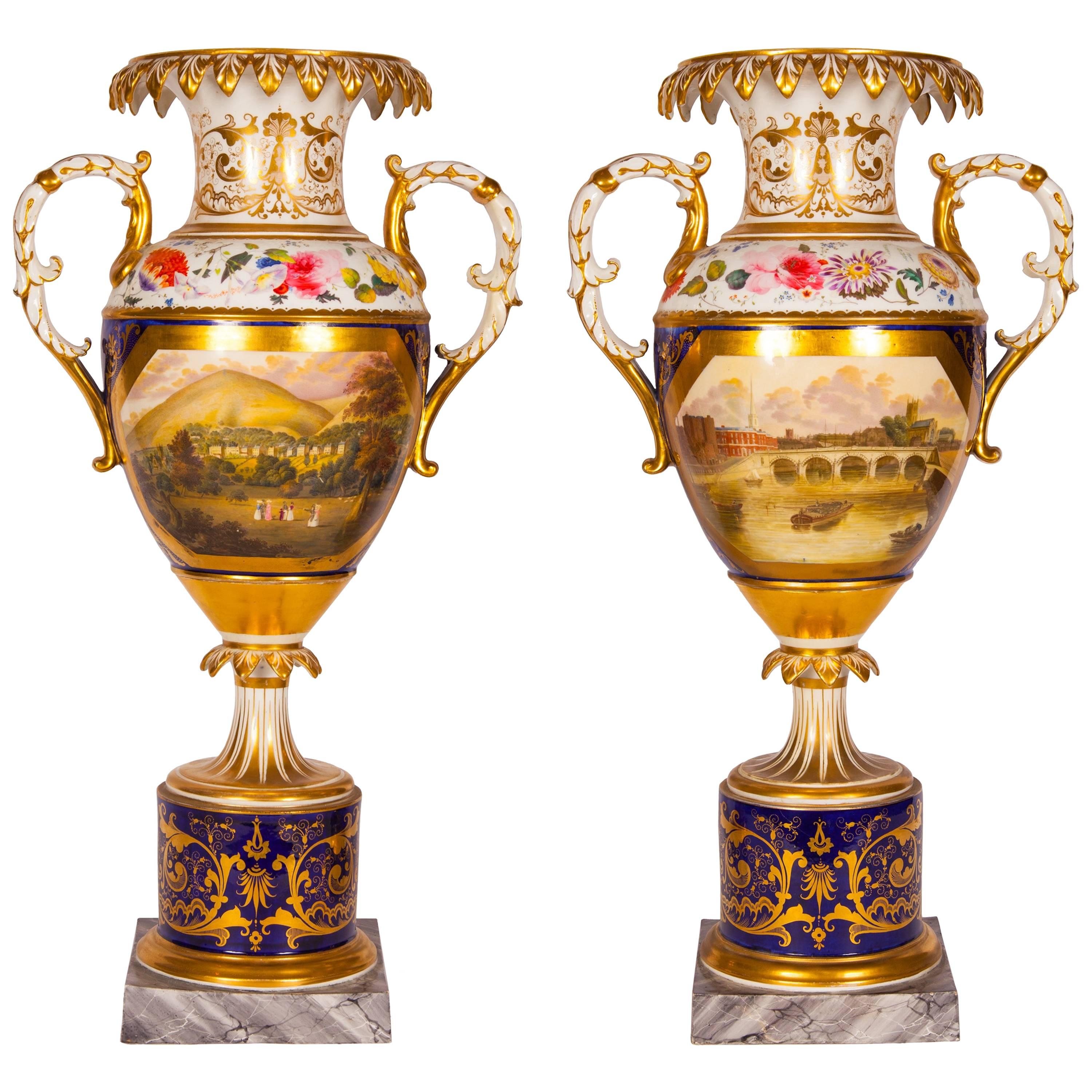 Antique Pair of Royal Worcester Porcelain and Gilt Urns