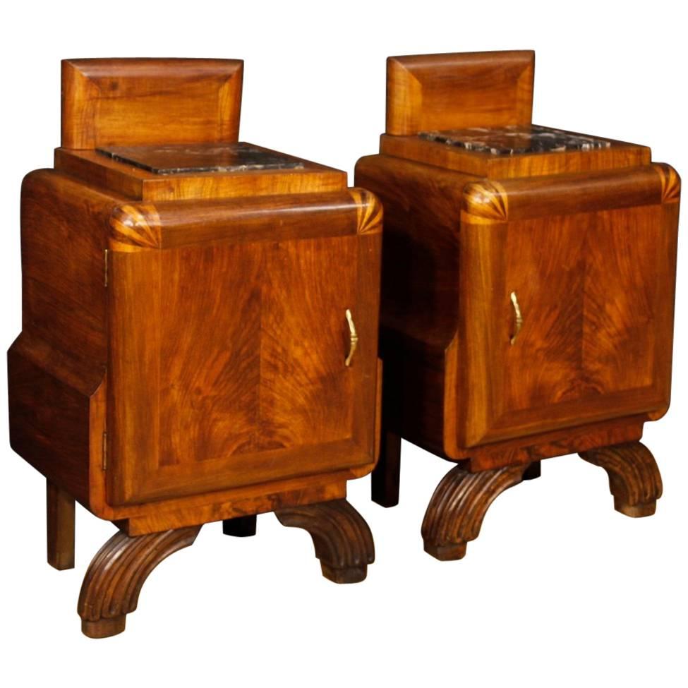 Pair of Italian Bedside Tables in Walnut Wood with Marble Top in Art Deco Style