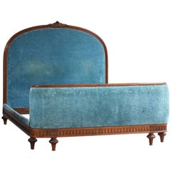 Upholstered Blue Chenille Bed - Bow Foot, WK90