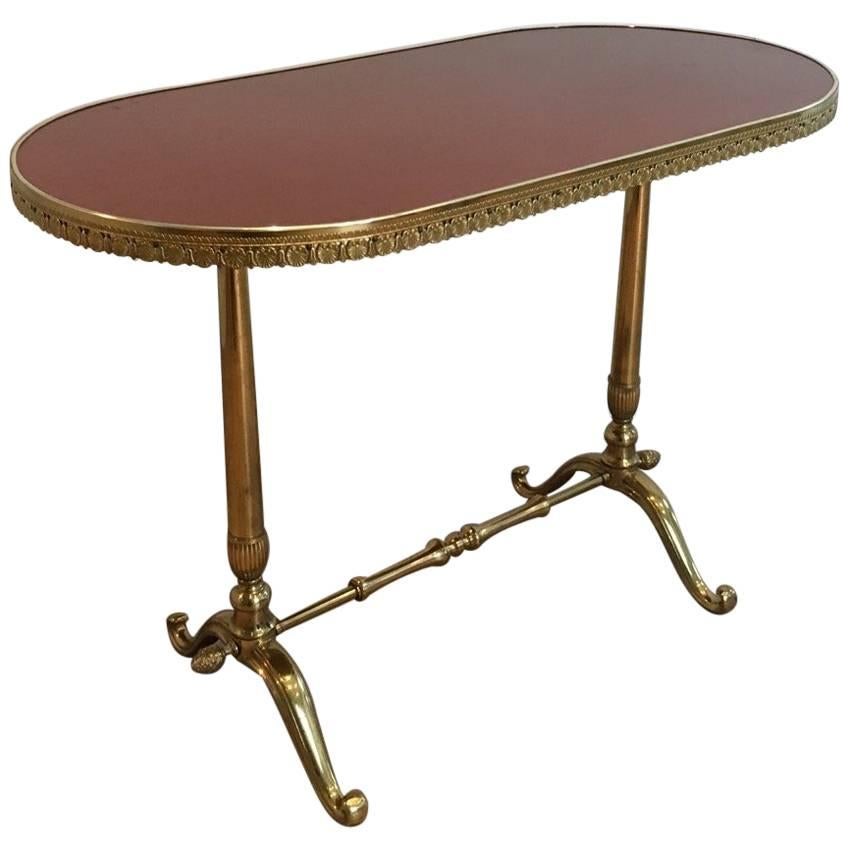 French Neoclassical Style Oval Brass Side Table with Lacquered Wooden Top