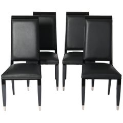 Antique Four French Black Lacquered Art Deco Dining Room Chairs with High Backrest