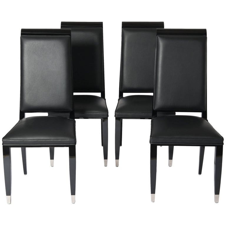 Four French Black Lacquered Art Deco Dining Room Chairs with High