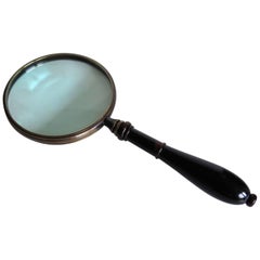 Antique 19th Century Victorian Large Magnifying Glass Hand Turned Handle, Circa 1860