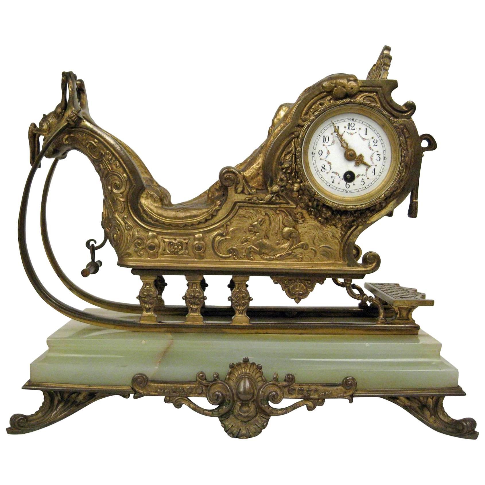 Sleigh Form Ormolu and Onyx Antique Mantel Clock For Sale