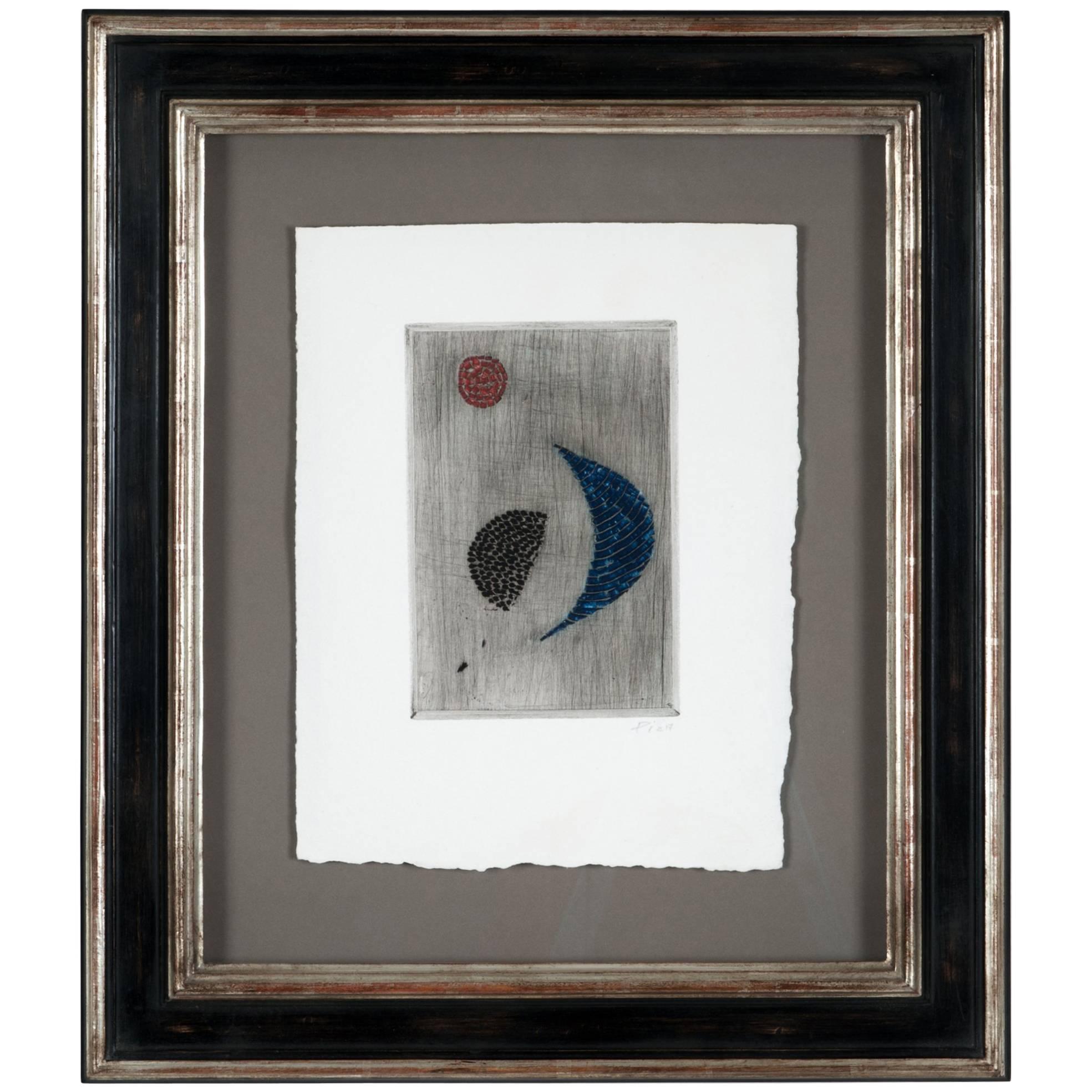 Abstrakte geometrische abstrakte Grafik in Blau, Rot und Schwarz Tusche auf Papier von A. Luiz Piza im Angebot