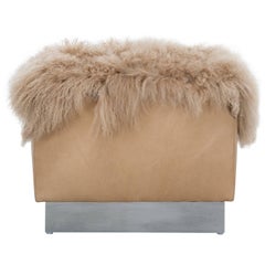 COSETTE OTTOMAN - Modern Leather Ottoman with Tibetan Mongolian Lamb Fur Pelt