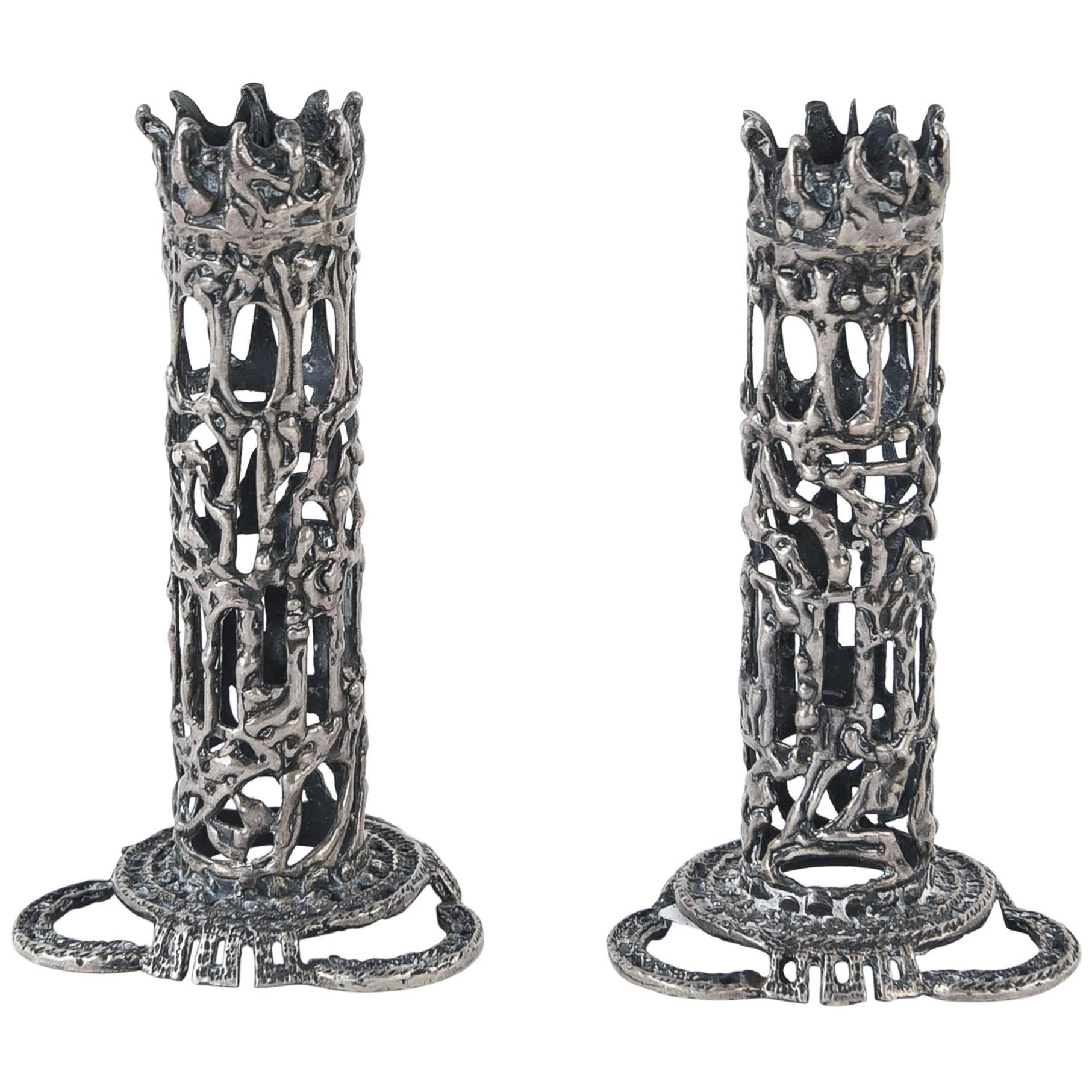 Sculptural Brutalist Silver Candlesticks