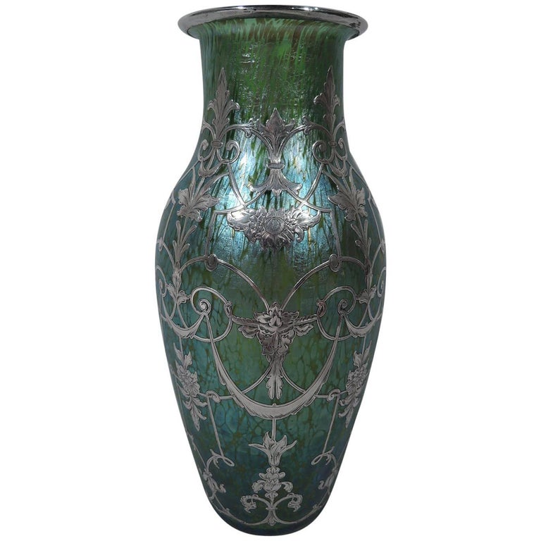 Antique Loetz Art Glass Vase with Silver Overlay For Sale at 1stDibs