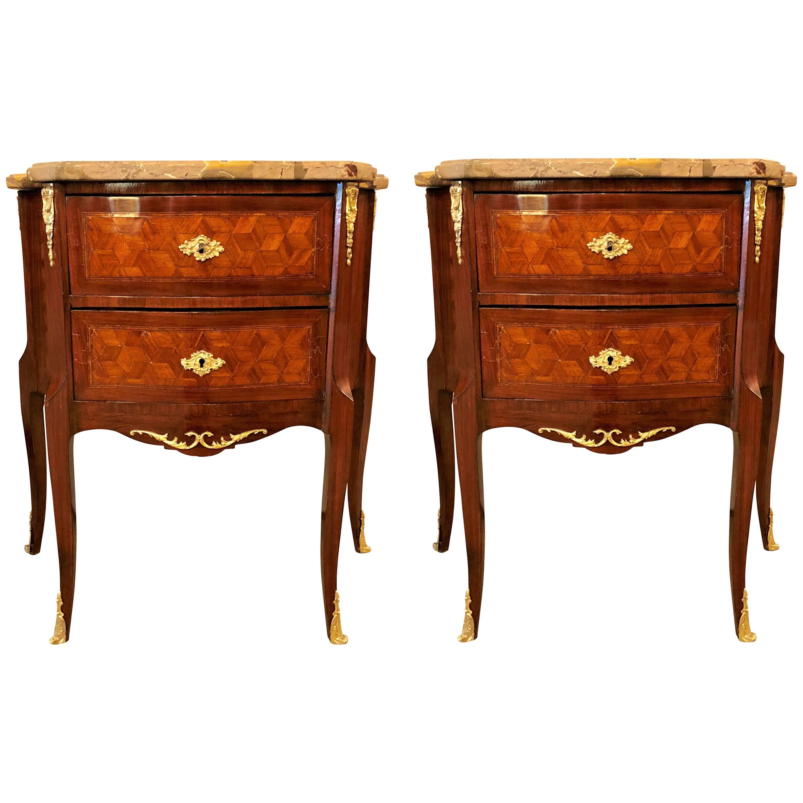 Pair of French Marble Top Two Drawers Bronze-Mounted Tables or Nightstands