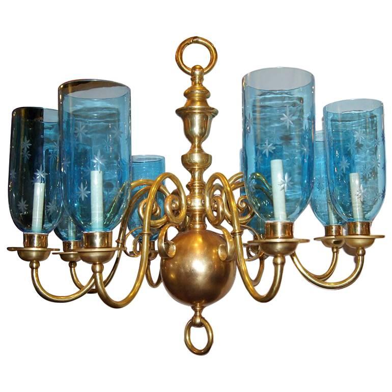 Bronze Chandelier with Etched Glass Hurricanes For Sale