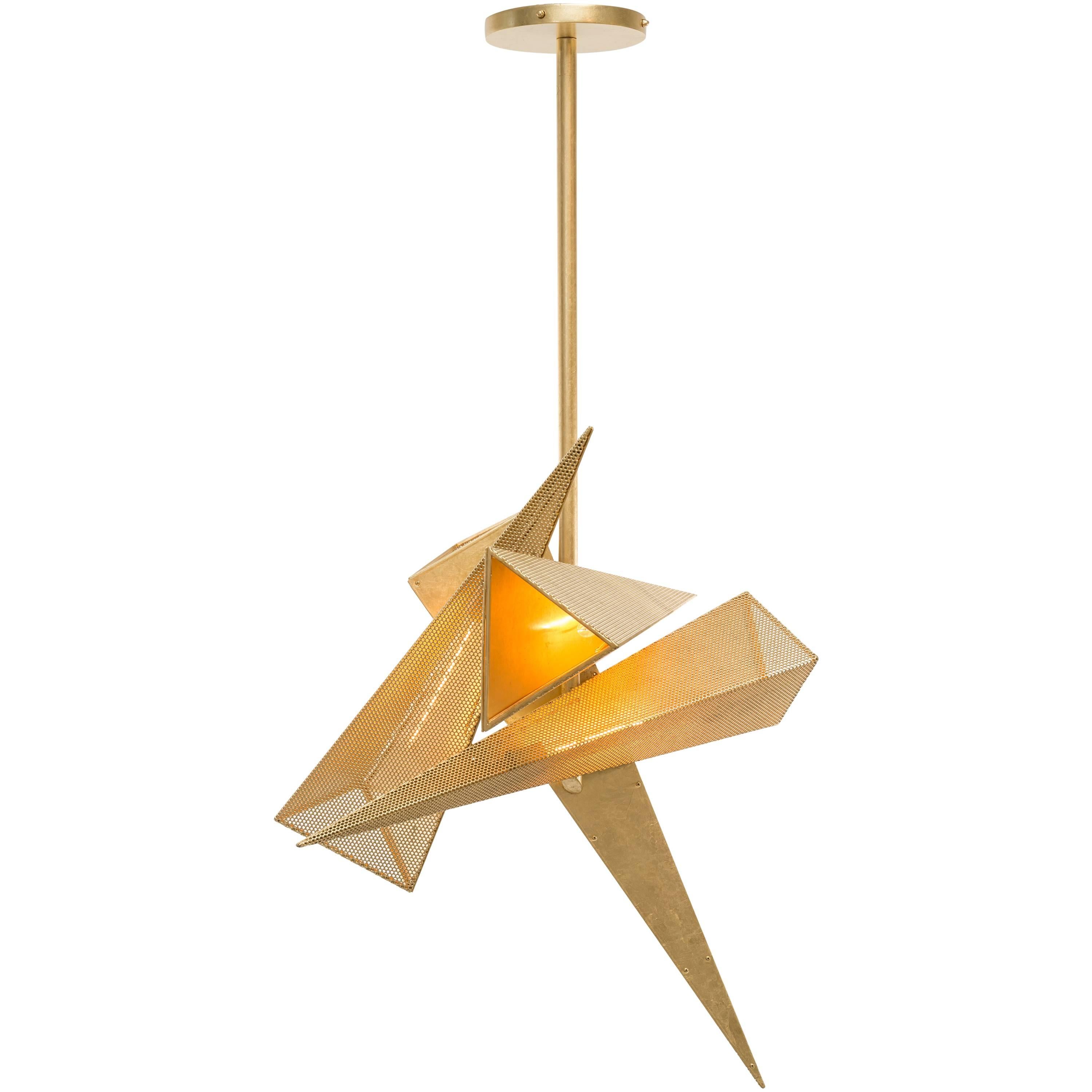 TRYSTAN CHANDELIER - Gold Leafed Perforated Steel Pyramids For Sale