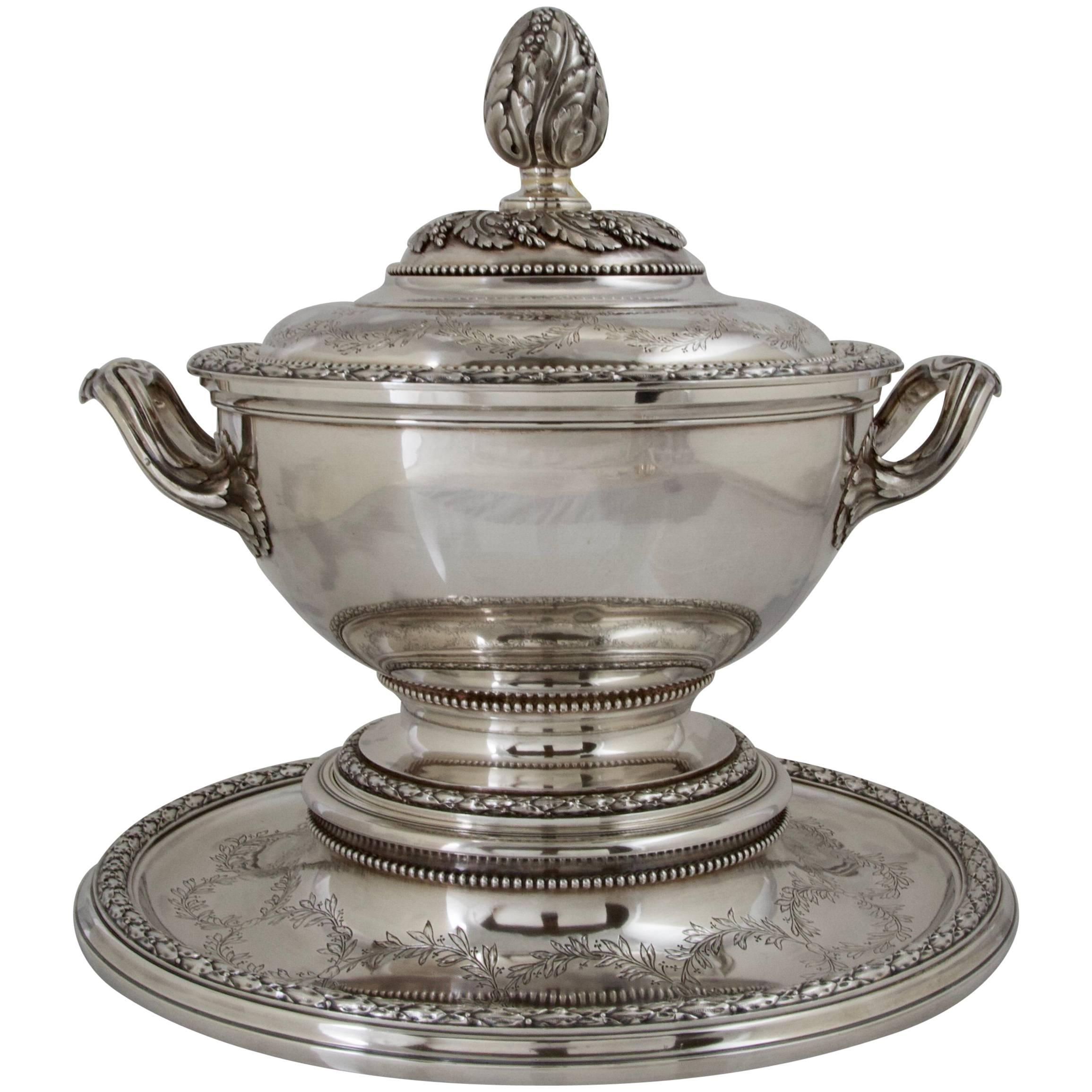 Antique Silver Pot à Oille and Cover with Matching Stand by Risler & Carré Paris For Sale