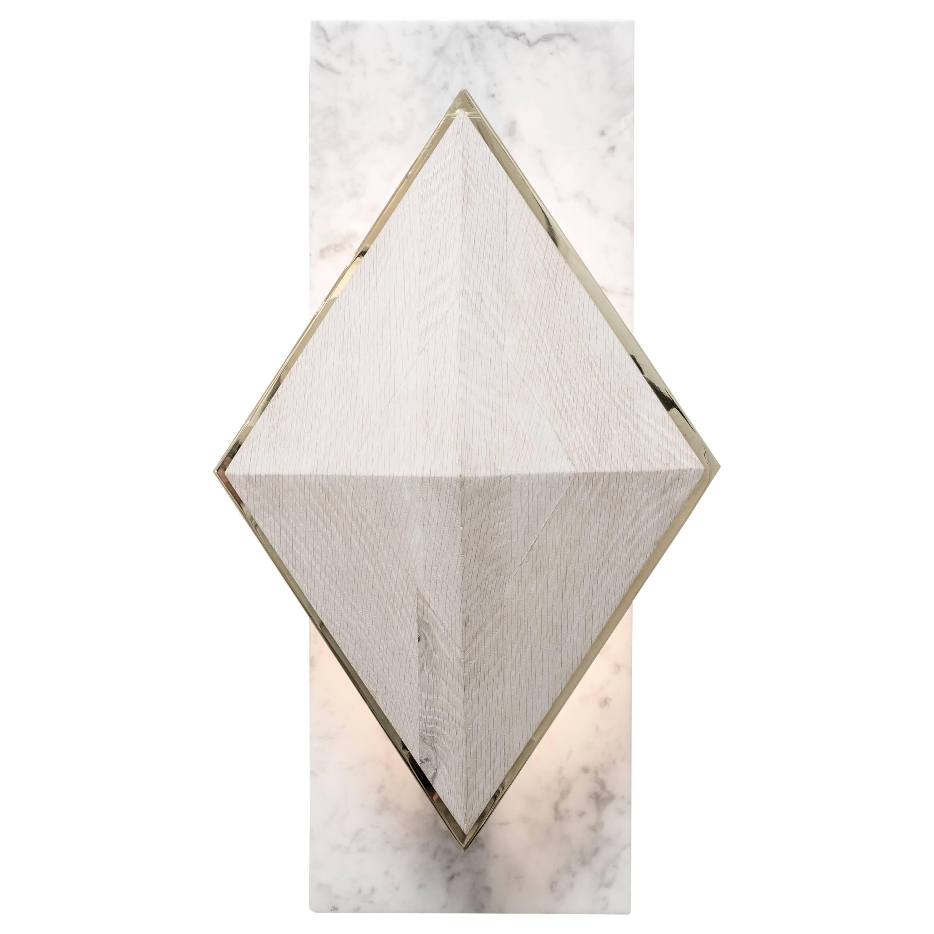 INES SCONCE - Hand-Carved Oak Diamond with Brass Revel on a Marble Back Plate