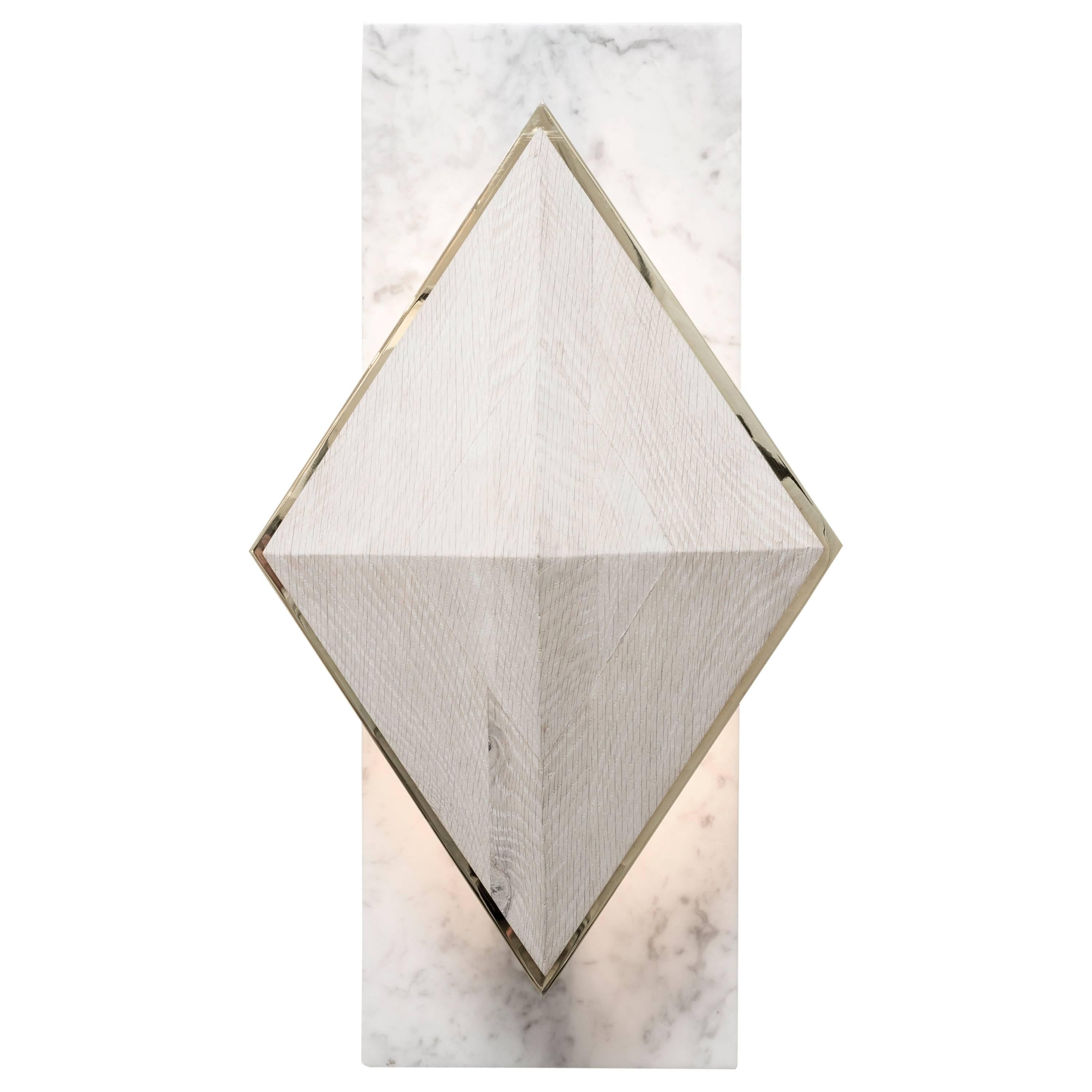 INES SCONCE - Hand-Carved Oak Diamond with Brass Revel on a Marble Back Plate