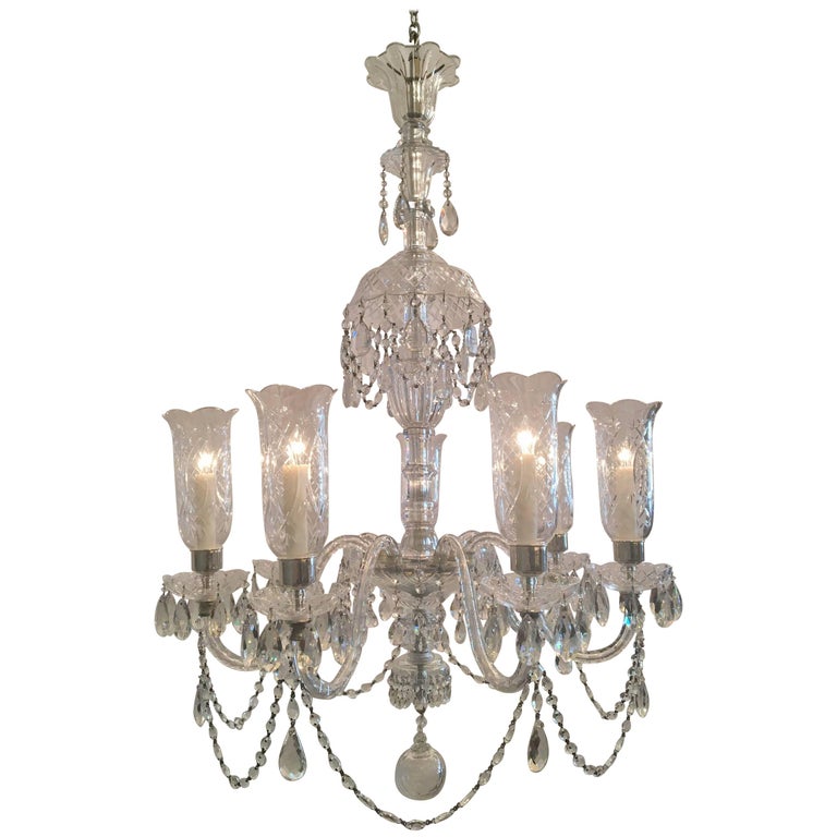 Early 20th Century Irish Crystal Chandelier with Hurricane Shades For