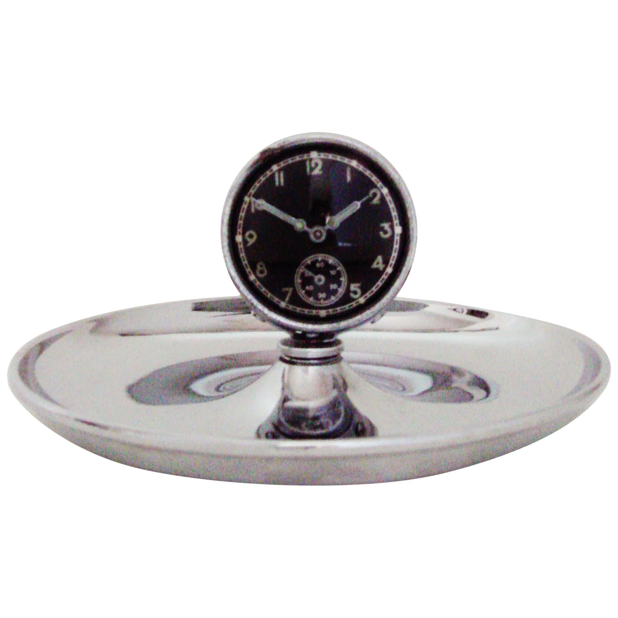 German Art Deco Chrome Cigar Desk Ashtray with Mechanical Clock