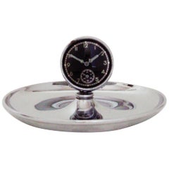 Antique German Art Deco Chrome Cigar Desk Ashtray with Mechanical Clock