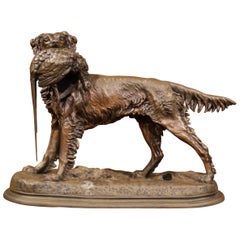 19th Century French Patinated Spelter Hunting Dog with Bird Signed J. Moigniez