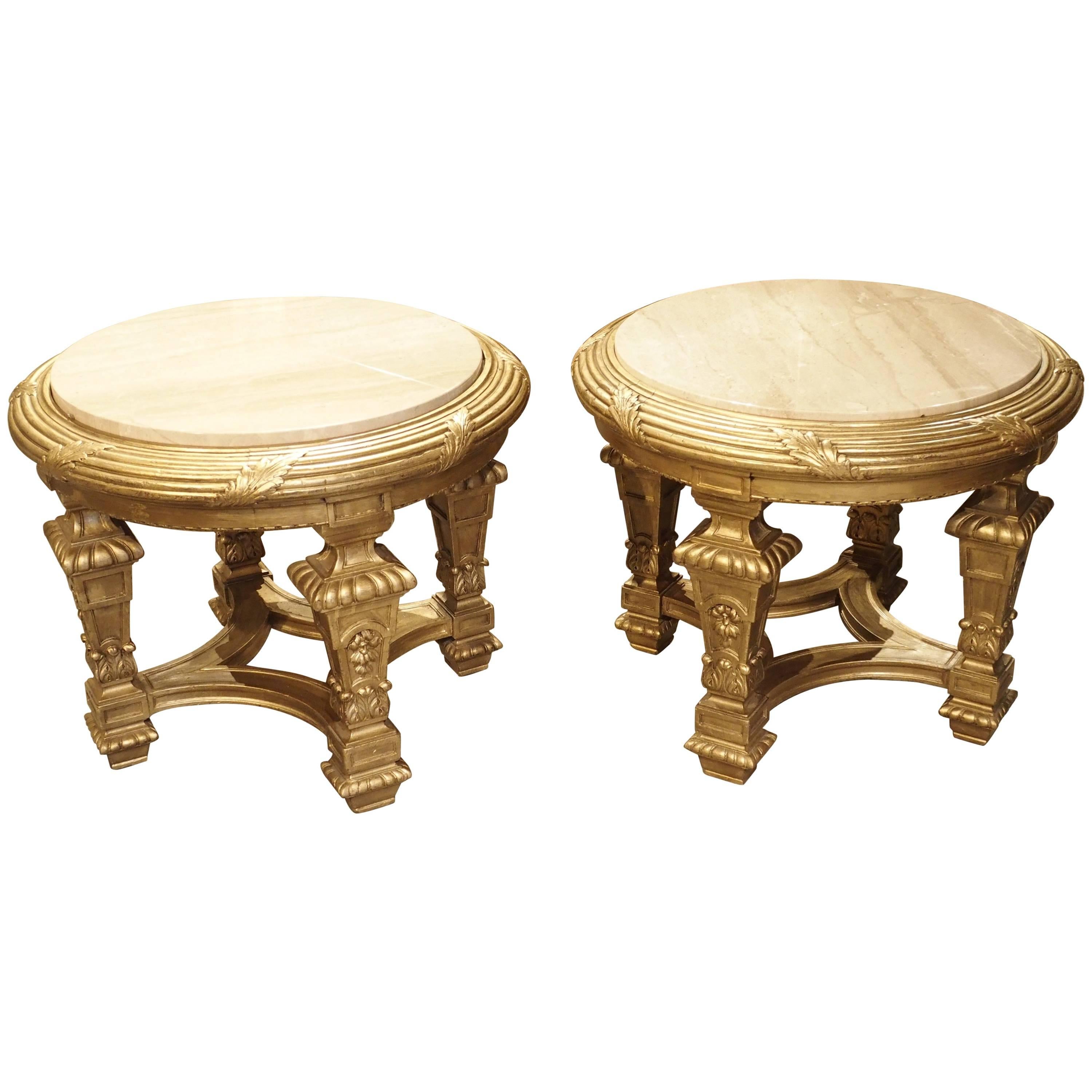 Pair of Louis XIV Style Giltwood and Marble Side Tables from France