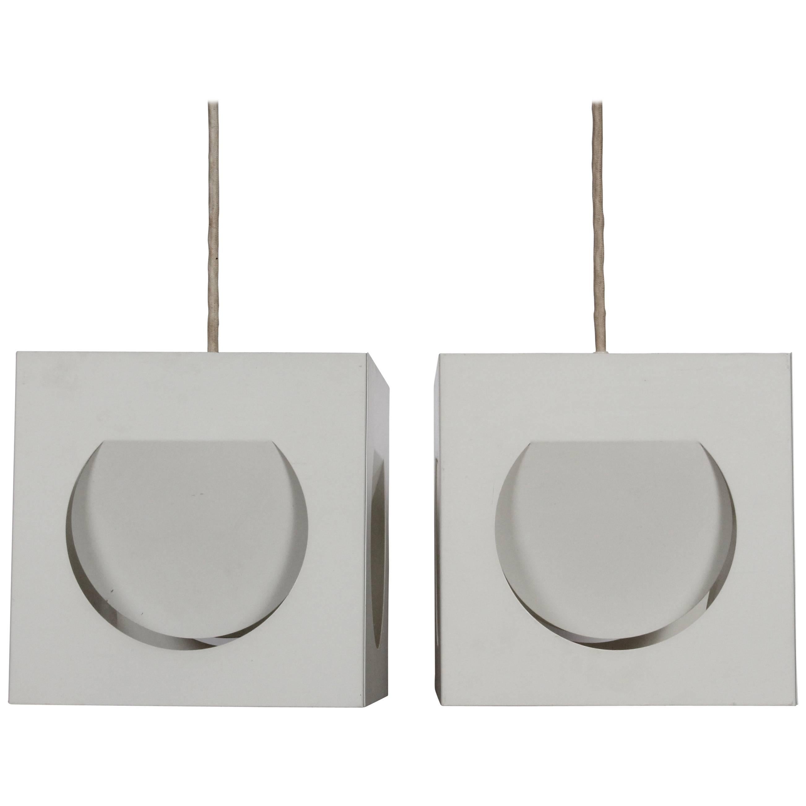 Pair of Shogo Suzuki for Stockmann Orno White Metal Cube Hanging Lamps, 1960s For Sale