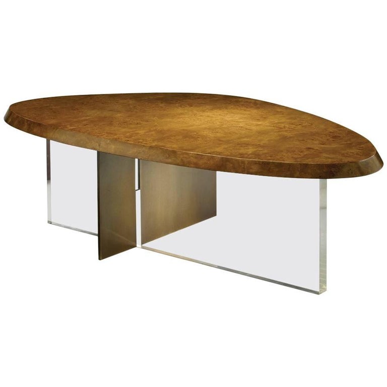 Coffee Table Mappa Burl Wood Brown Bronze Acrylic Lucite Modern