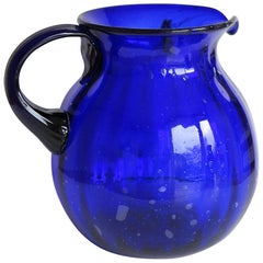 Hand-blown Large Glass Jug or Pitcher Cobalt Blue Vertically Fluted, Circa 1920s